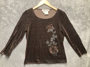 VTG 90s Y2K Carlisle Chocolate Brown Velvet Floral Applique Top Fairy Grunge M